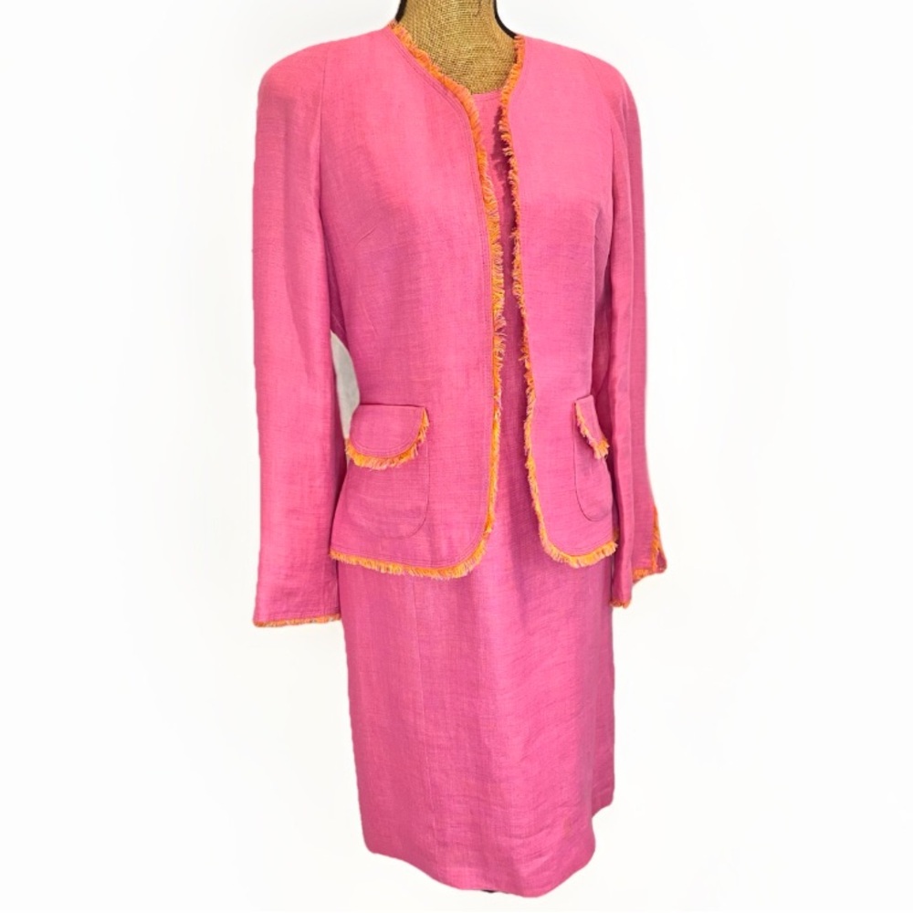 Anne Klein 100% Linen Suit Set Midi Sheath Dress Fringe TWO PIECES Pink Size 8